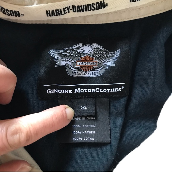 Mens Spellout Harley Davidson Mechanic Short Sleeve Button Up Navy/Tan 2XL - Picture 6 of 9